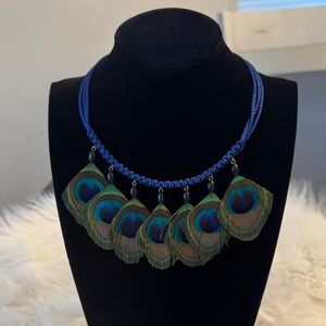 Adjustable Peacock Feather Necklace with Blue Cord